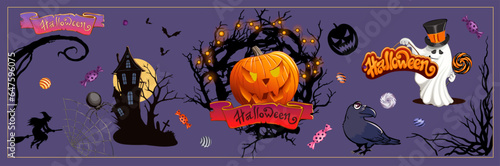 Happy Halloween. Vector cute illustrations of objects. Brochure background and traditional symbols.
