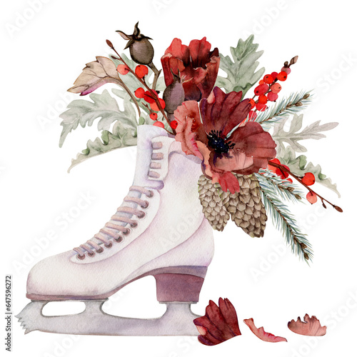 Hand drawn watercolor figure skating boots with flower compositions, winter sports footwear. Illustration isolated on white background. Design poster, print, website, card, invitation, shop brochure photo