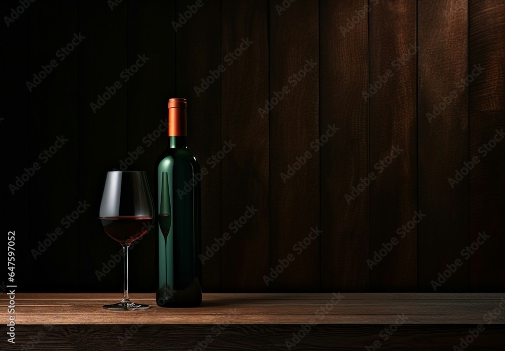 A glass of wine and a bottle on a table