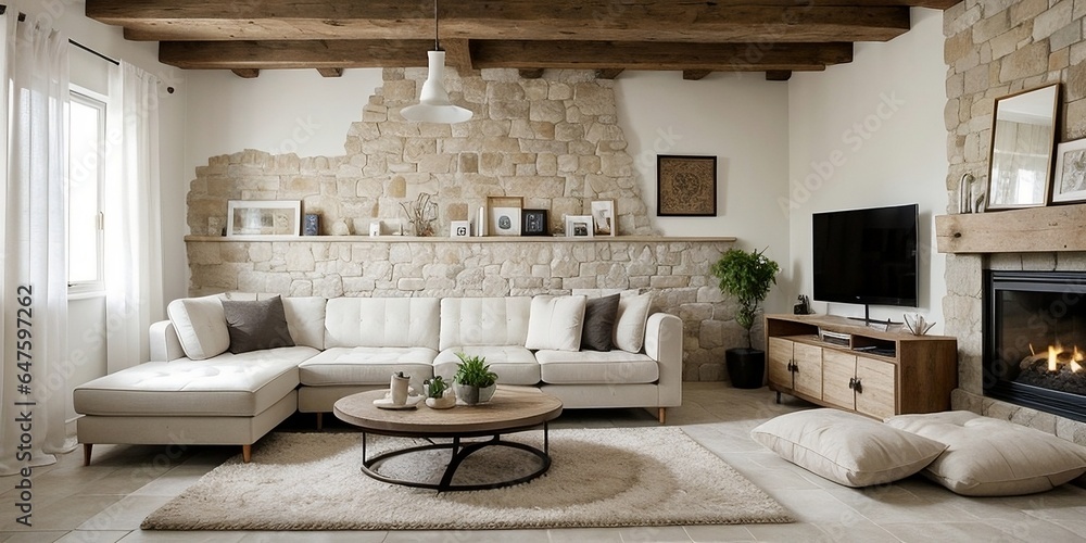 Beautiful rustic living room interior decorating with stone wall and ...