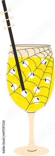 Vector illustration of a cocktail for Halloween. A delicious drink with various additives and a straw with a glass. Isolated design on a white background.