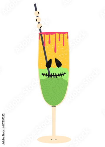 Vector illustration of a cocktail for Halloween. A delicious drink with various additives and a straw with a glass. Isolated design on a white background.