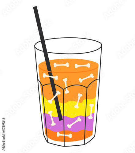 Vector illustration of a cocktail for Halloween. A delicious drink with various additives and a straw with a glass. Isolated design on a white background.
