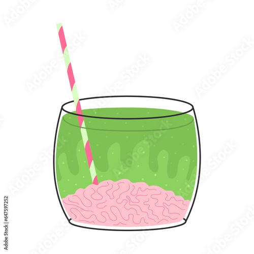 Vector illustration of a cocktail for Halloween. A delicious drink with various additives and a straw with a glass. Isolated design on a white background.