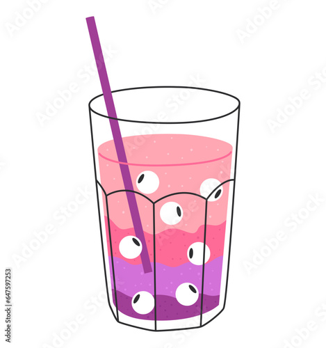 Vector illustration of a cocktail for Halloween. A delicious drink with various additives and a straw with a glass. Isolated design on a white background.