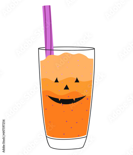 Vector illustration of a smoothie for Halloween. A delicious drink with various additives and a straw with a glass. Isolated design on a white background.