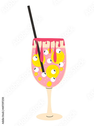 Vector illustration of a cocktail for Halloween. A delicious drink with various additives and a straw with a glass. Isolated design on a white background.