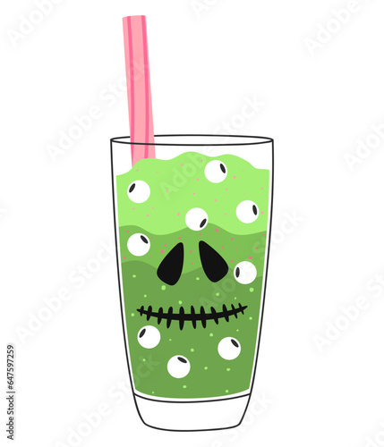 Vector illustration of a smoothie for Halloween. A delicious drink with various additives and a straw with a glass. Isolated design on a white background.
