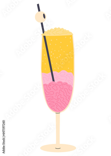 Vector illustration of a cocktail for Halloween. A delicious drink with various additives and a straw with a glass. Isolated design on a white background.