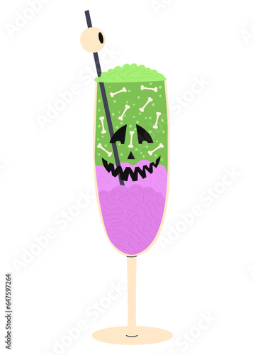 Vector illustration of a cocktail for Halloween. A delicious drink with various additives and a straw with a glass. Isolated design on a white background.