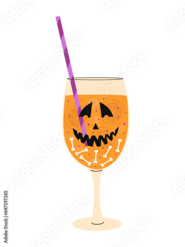 Vector illustration of a cocktail for Halloween. A delicious drink with various additives and a straw with a glass. Isolated design on a white background.