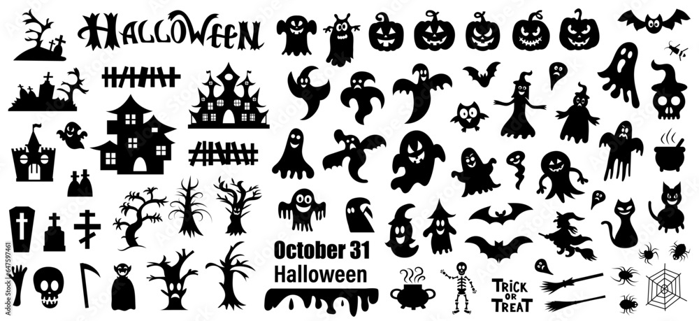 Big set of silhouettes of Halloween on a white background. Vector illustration Big set of silhouettes of Halloween on a white background. Vector illustration