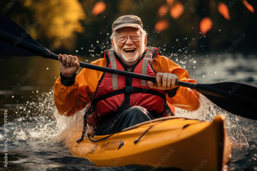 happy elderly man floating on a kayak along an autumn river - obrazy, fototapety, plakaty 