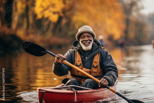 happy elderly black-skinned man floating on a kayak along an autumn river © Anna