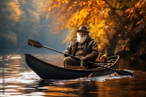 elderly man floating on boat along an autumn river