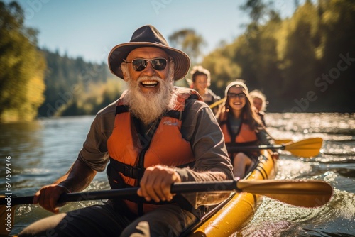 elderly man with a gray beard kayaking on the river with friends #647597476