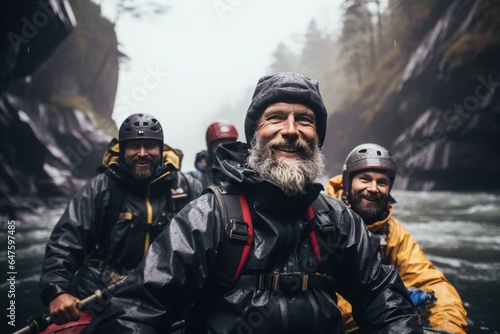 happy elderly adventurers go kayaking on a mountain river
