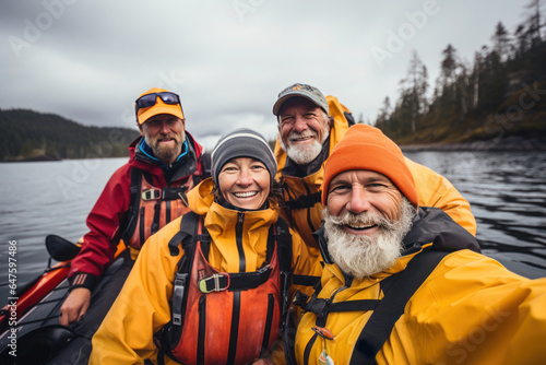happy elderly adventurers set out kayaking on the river