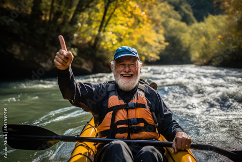 senior kayaker waves at the camera, showing an excellent sign