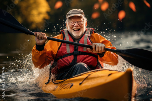 Slika na platnu happy elderly man floating on a kayak along an autumn river