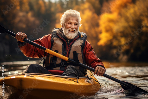 happy elderly man floating on a kayak along an autumn river