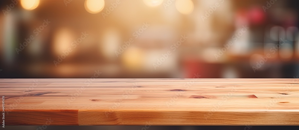 Blurry room interior with empty space and wooden table top Blurry room interior with empty space and wooden table top