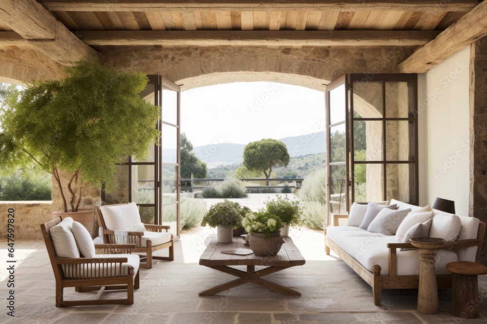 Fototapeta premium luxury casa living room interior style decorate with stone and old house castle structure with nature garden outdoor home interior design creative ideas background concept