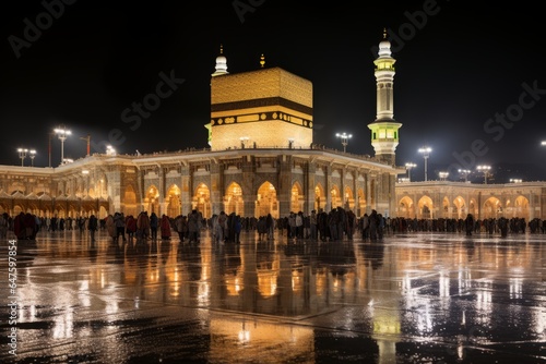 Kaaba at night, bathed in soft light during the Hajj season, on a gray background, Generative AI