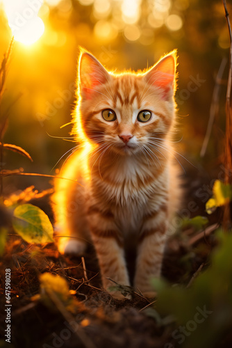 Couverture de livre d'un jeune chat aux yeux verts au coucher du soleil » IA générative