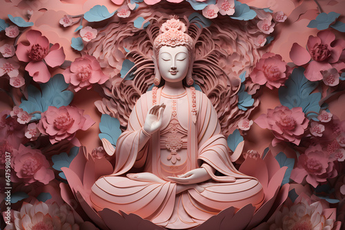 Guan Yin, craft 3d paper, crafted sculptural paper constructions and woodcarvings photo