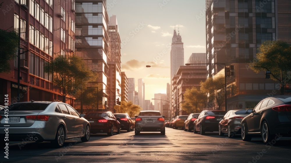 a row of parked cars along a city street, with the towering buildings of the urban landscape providing a dramatic backdrop.