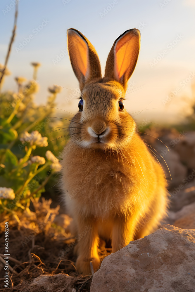Fototapeta premium Couverture de livre d'un lapin dans un champ au coucher du soleil » IA générative