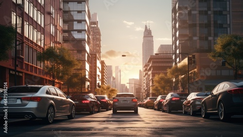a row of parked cars along a city street, with the towering buildings of the urban landscape providing a dramatic backdrop. photo