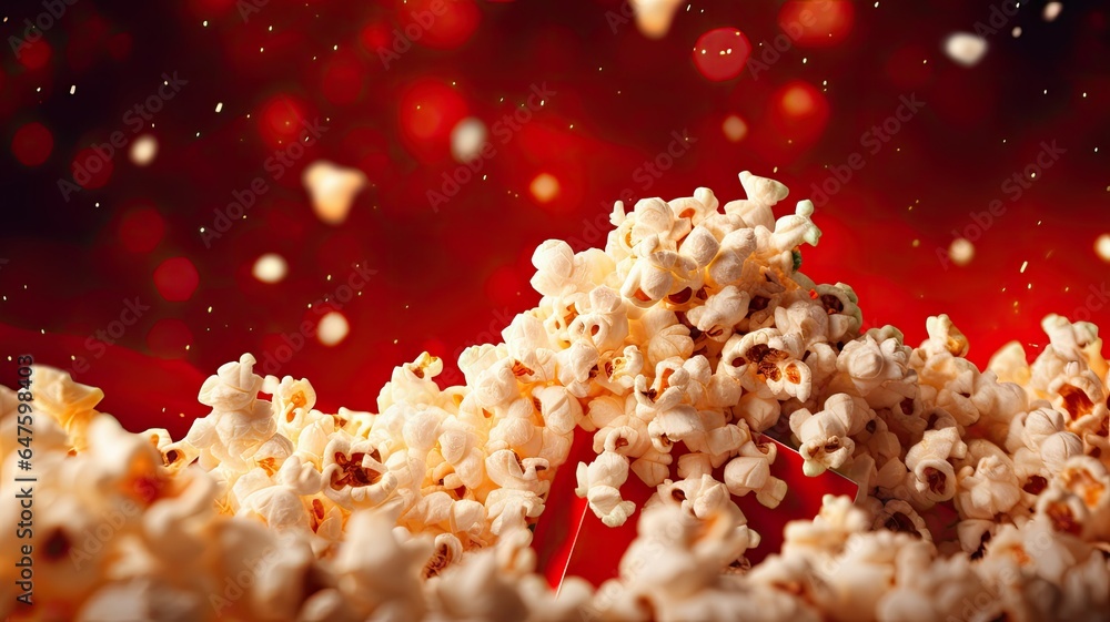 a vibrant red background generously sprinkled with spilled popcorn. The image should capture the excitement and fun of a night at the movies. a vibrant red background generously sprinkled with spilled popcorn. The image should capture the excitement and fun of a night at the movies.