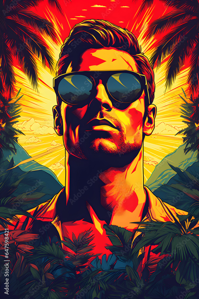 Couverture de livre illustration d'un homme avec lunettes de soleil dans ambiance colorée » IA générative