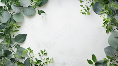 an empty white circle watercolor sheet of paper and carefully arranged green leaves on a light gray concrete background. Ensure the image has ample copy space for added flexibility in advertising photo