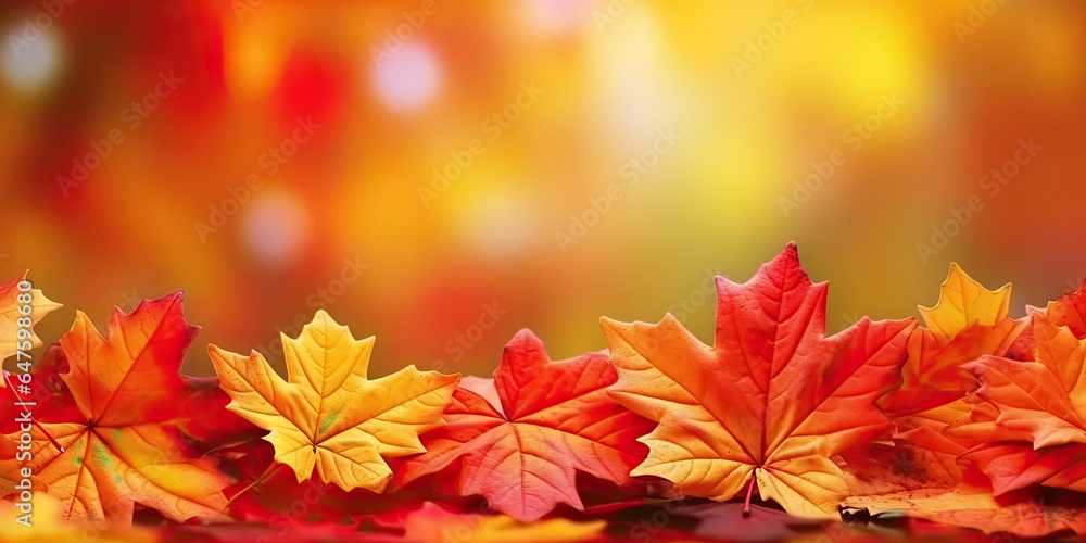 Autumn horizontal banner with a frame of bright red and yellow maple leaves on blurred background. For any autumn advertising projects.