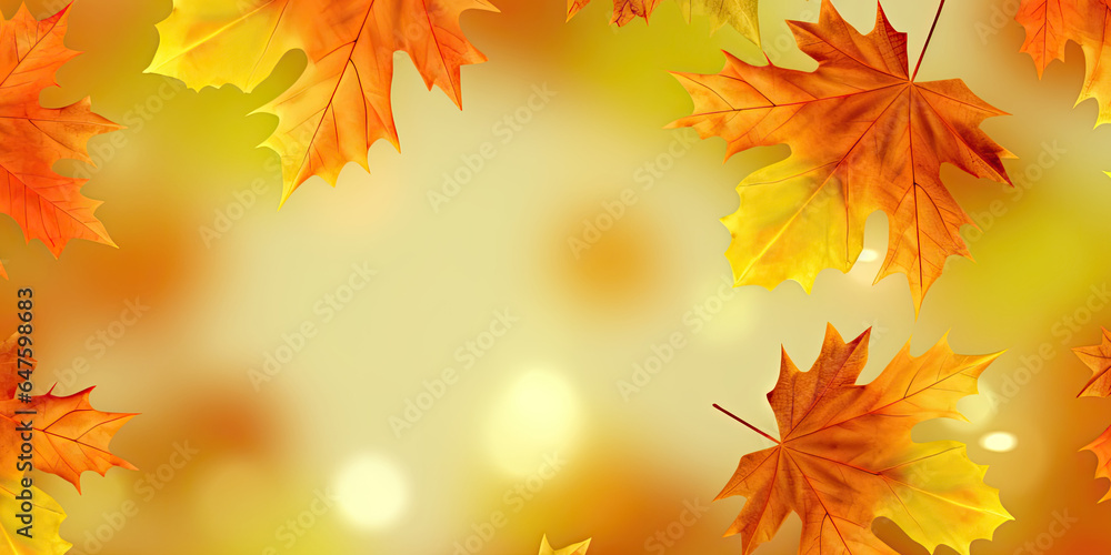Horizontal autumn banner with a frame of beautiful yellow maple leaves on blurred background with bokeh. For any autumn advertising projects. Horizontal autumn banner with a frame of beautiful yellow maple leaves on blurred background with bokeh. For any autumn advertising projects.
