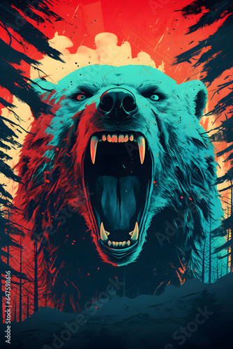 Couverture de livre illustration d'un ours en colère dans une forêt style grunge » IA générative