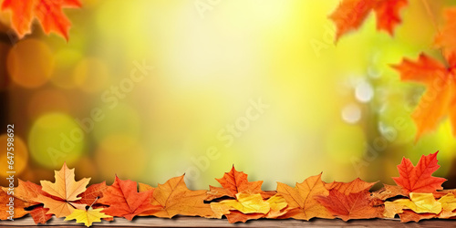 Autumn banner with a frame of beautiful red and yellow leaves on blurred background with bokeh. Just add your text. For any autumn advertising projects.