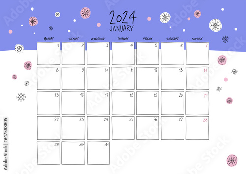 January 2024 wall calendar. Colorful sketch horizontal template. A4 size