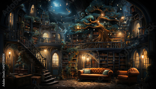 Magic dark castle interior with a big tree  a sofa and a bookcase in Christmas night