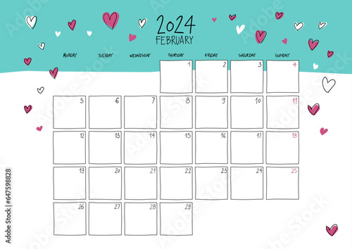 February 2024 wall calendar. Colorful sketch style. A4 horizontal template.