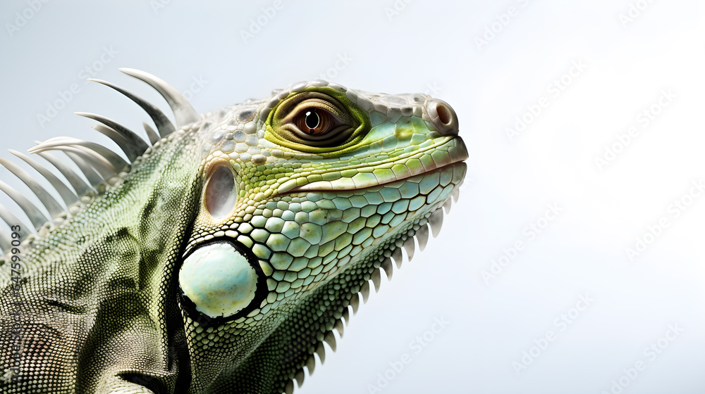 Fototapeta premium Iguana head macro close-up, isolated on white background, copy space