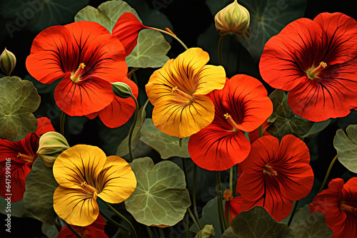 Close-up View of a bright, blooming nasturtium flower in Nature photo