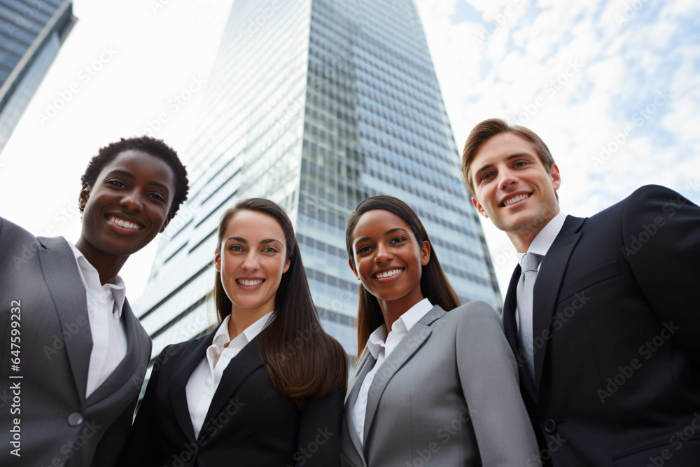 Portrait of successful creative business team looking at camera and smiling. Diverse business people standing together at startup.
Portrait of successful creative business team looking at camera and smiling. Diverse business people standing together at startup.