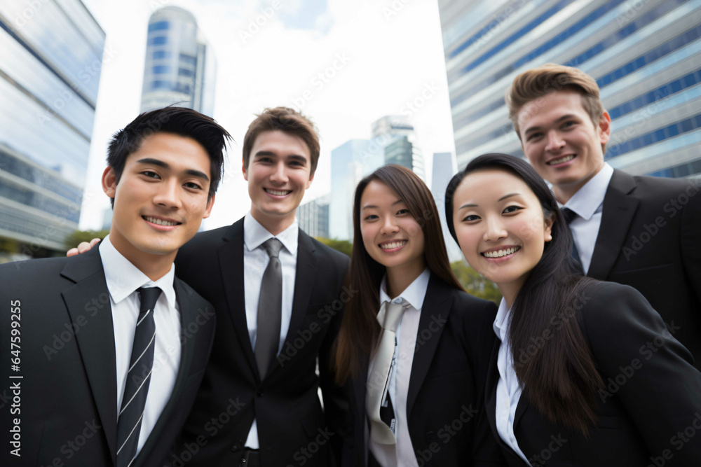 Portrait of successful creative business team looking at camera and smiling. Diverse business people standing together at startup.
Portrait of successful creative business team looking at camera and smiling. Diverse business people standing together at startup.