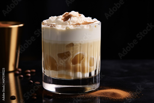 A cup of ices latter with whipped cream made by decorated by cacao powder places on dark background
