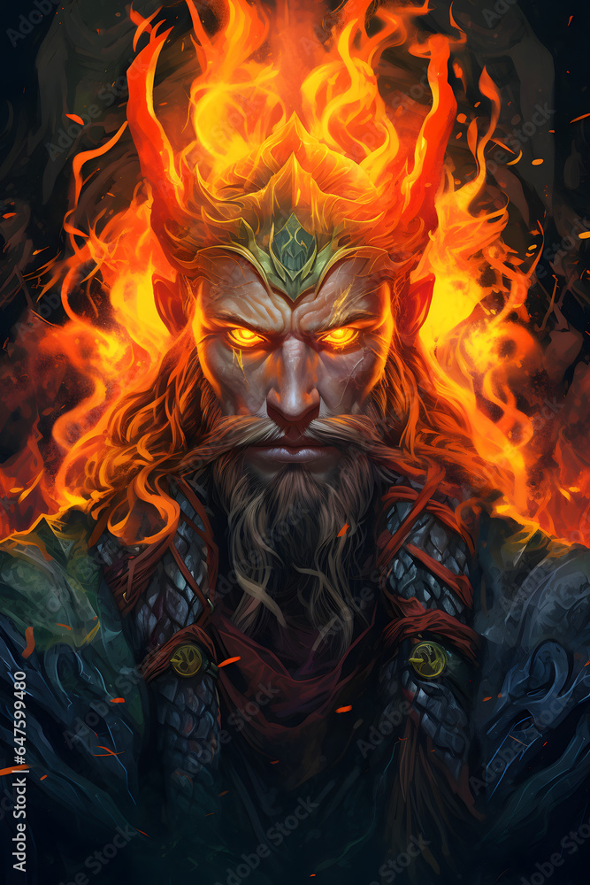 Fototapeta premium Couverture de livre illustration portrait un dieu viking avec flammes » IA générative