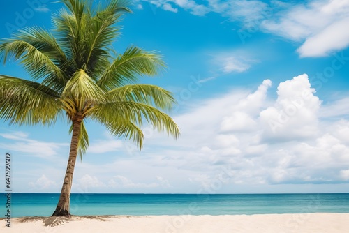 Palm tree on tropical beach and sand with blue sky background. 